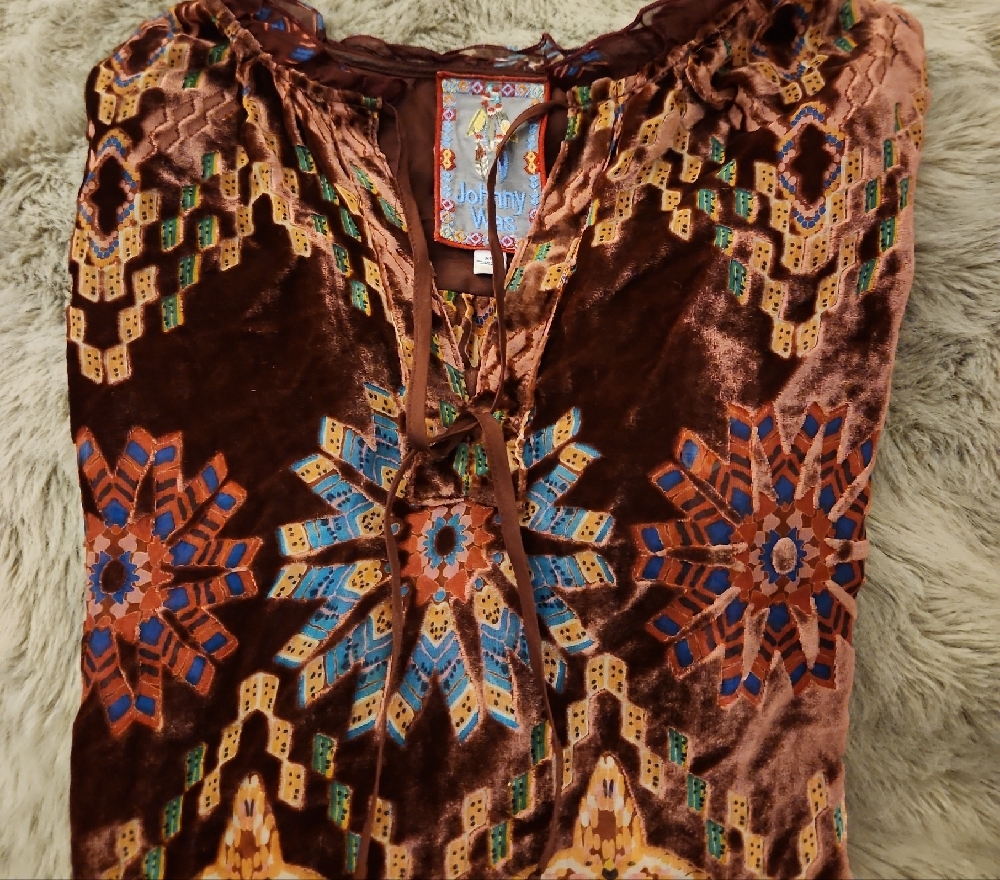 Johnny Was Brown and Multicolor Patterned Burn Out Velvet Tunic.